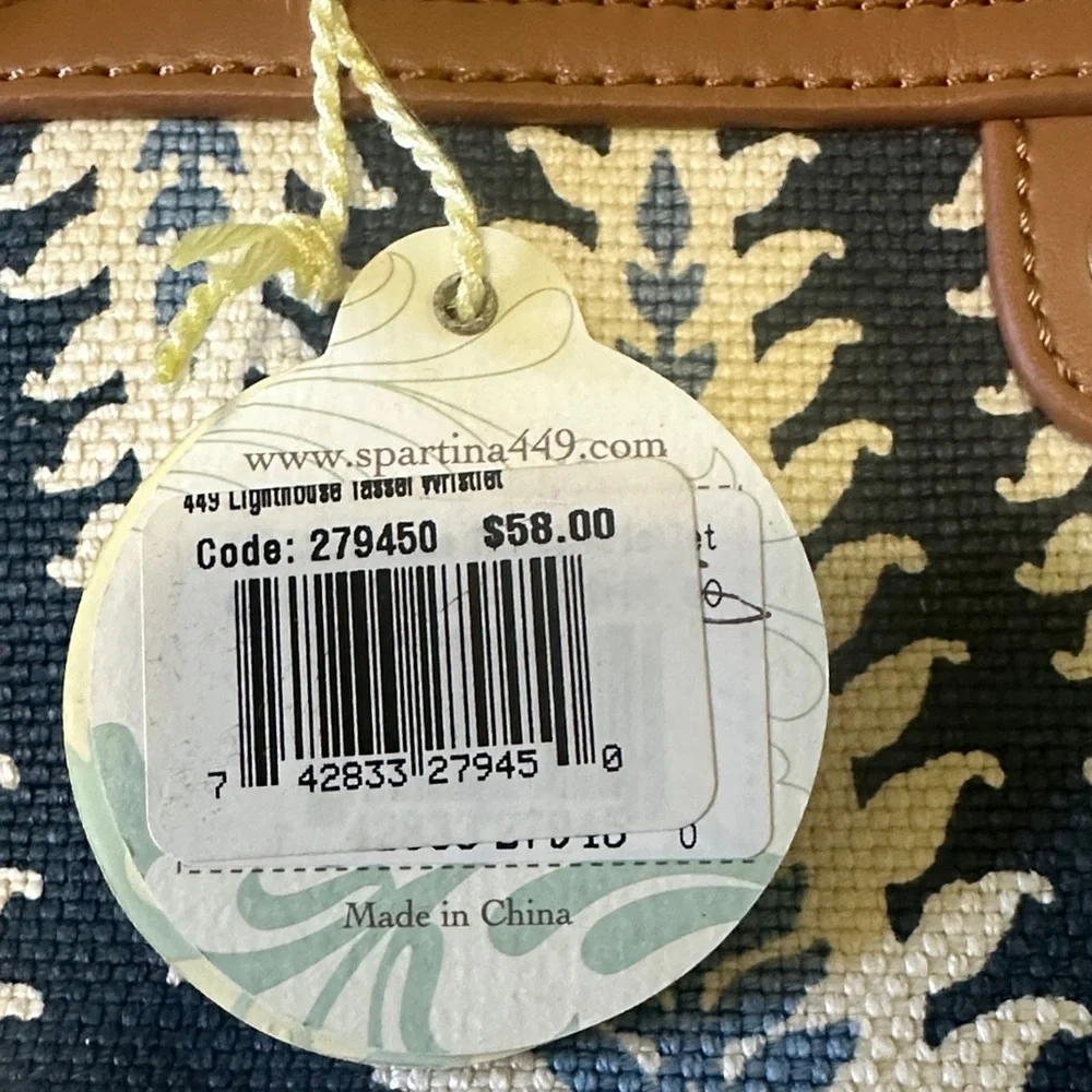 Brand New Spartina 449 Navy & Tan Fern-Print Wristlet with Leather Trim